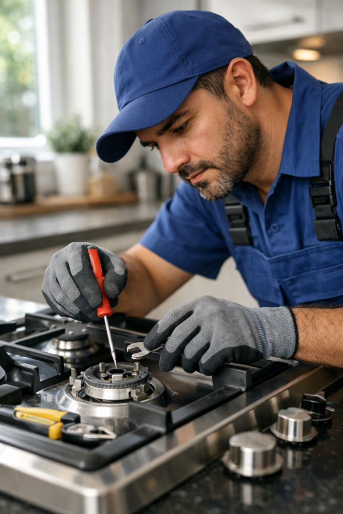 "Technician repairing a kitchen stove and oven"